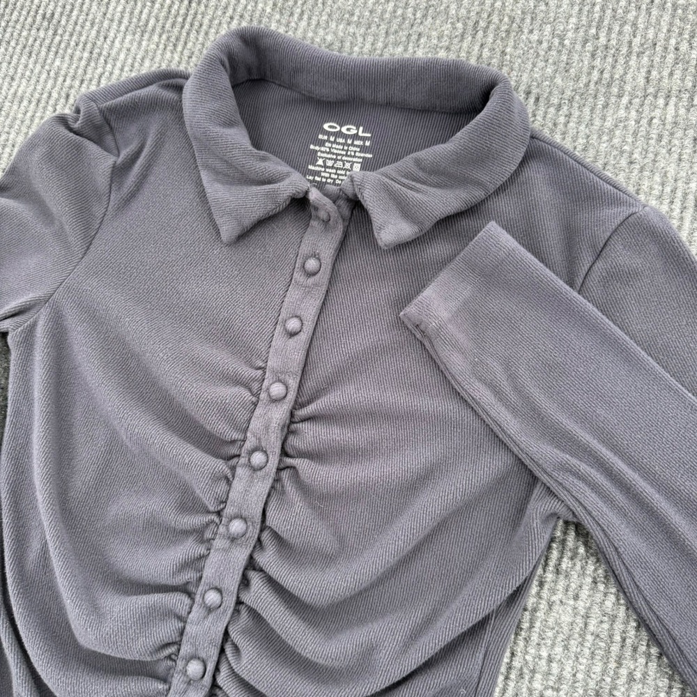 OGL Womens Medium Gray Ribbed Ruched Button Front Long Sleeve Polo